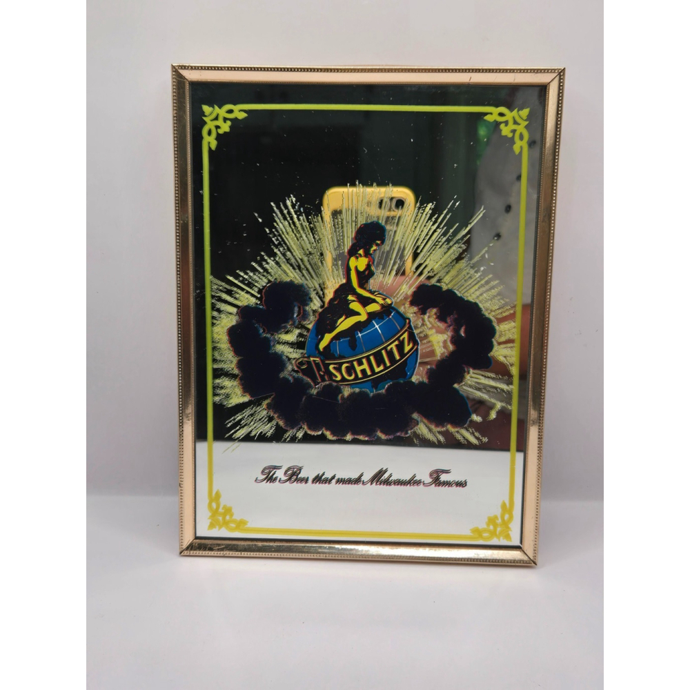Vintage Schlitz Beer Mirror Woman On Globe - With Frame Cardboard Stand 8"